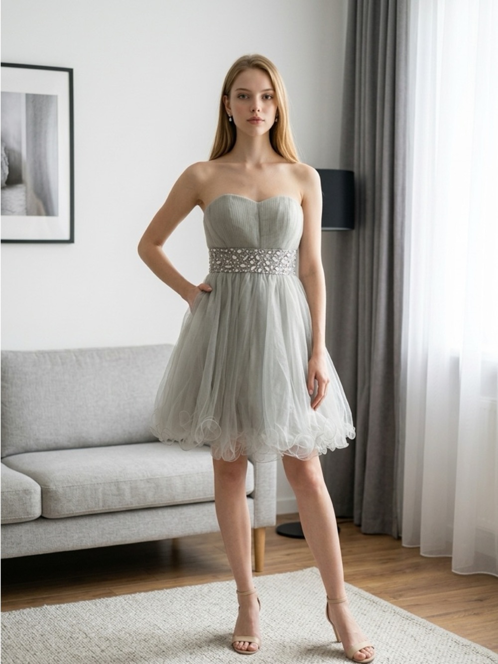 Elisabeth K Corset Strapless Ruched Rhinestones Puffy Mini Dress‎ Silver Size XS